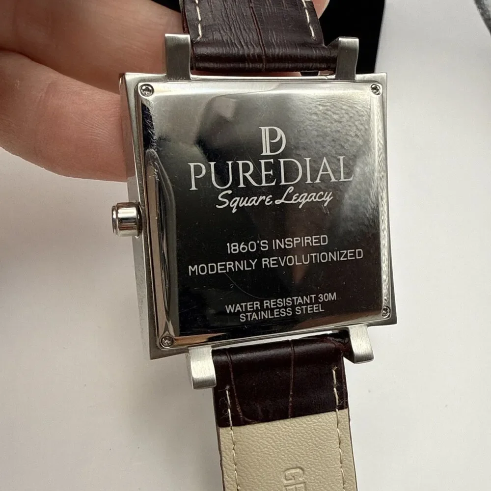 Puredial Square Legacy 1860s Style Mens Stainless Steel Watch Brown Leather Band
